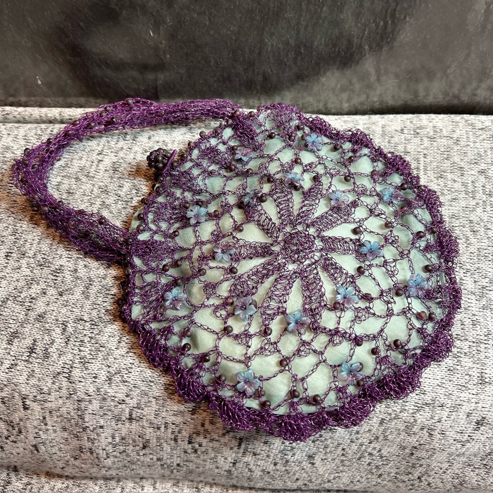 👜Vintage Art to Wear Lisa Toland Purple/Blue Metal Lace Crochet Purse - C